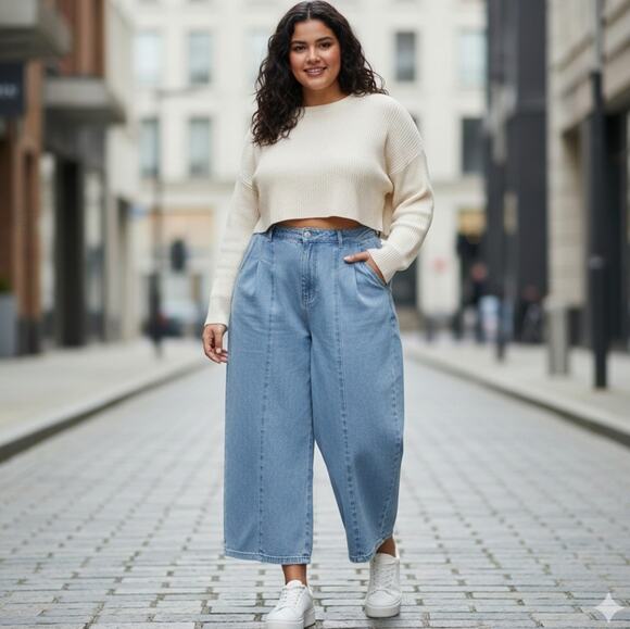 Unbranded Denim - Blue Wide Leg Barrel Jeans Women’s Size 14 High Rise Pleated Crop Denim Pants